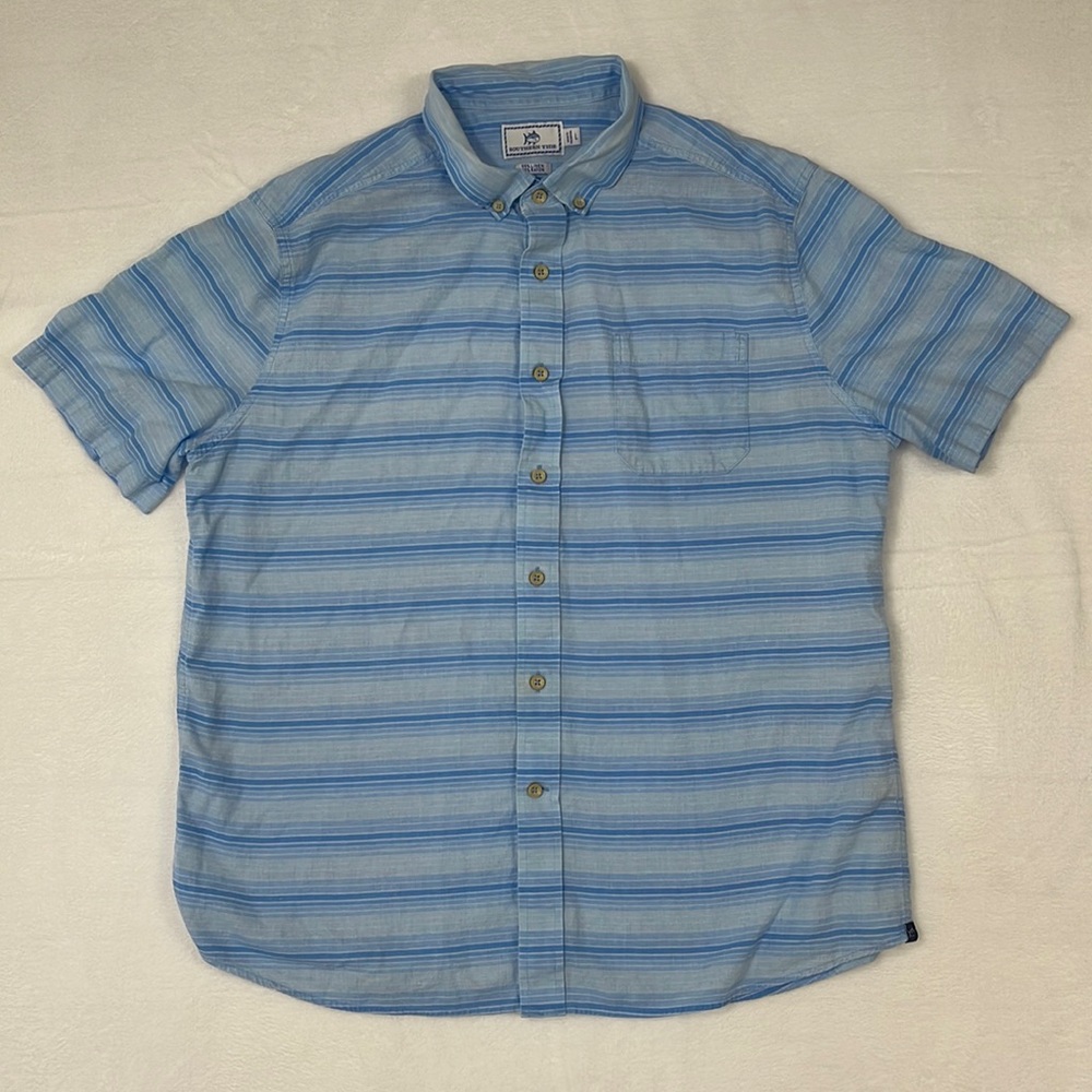 Southern Tide Linen Blend Button Down Short Sleeve Shirt Size Large